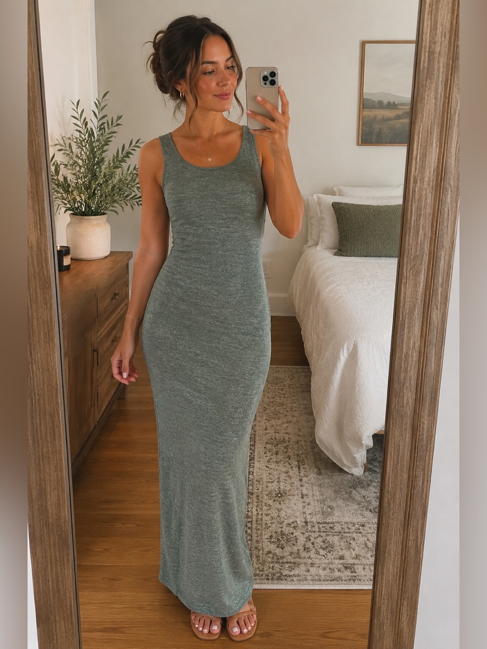Sleeveless Heathered Green Knit Maxi Dress